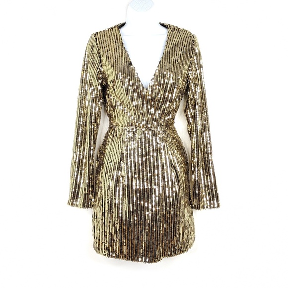 gold sequin plunge wrap bodycon dress